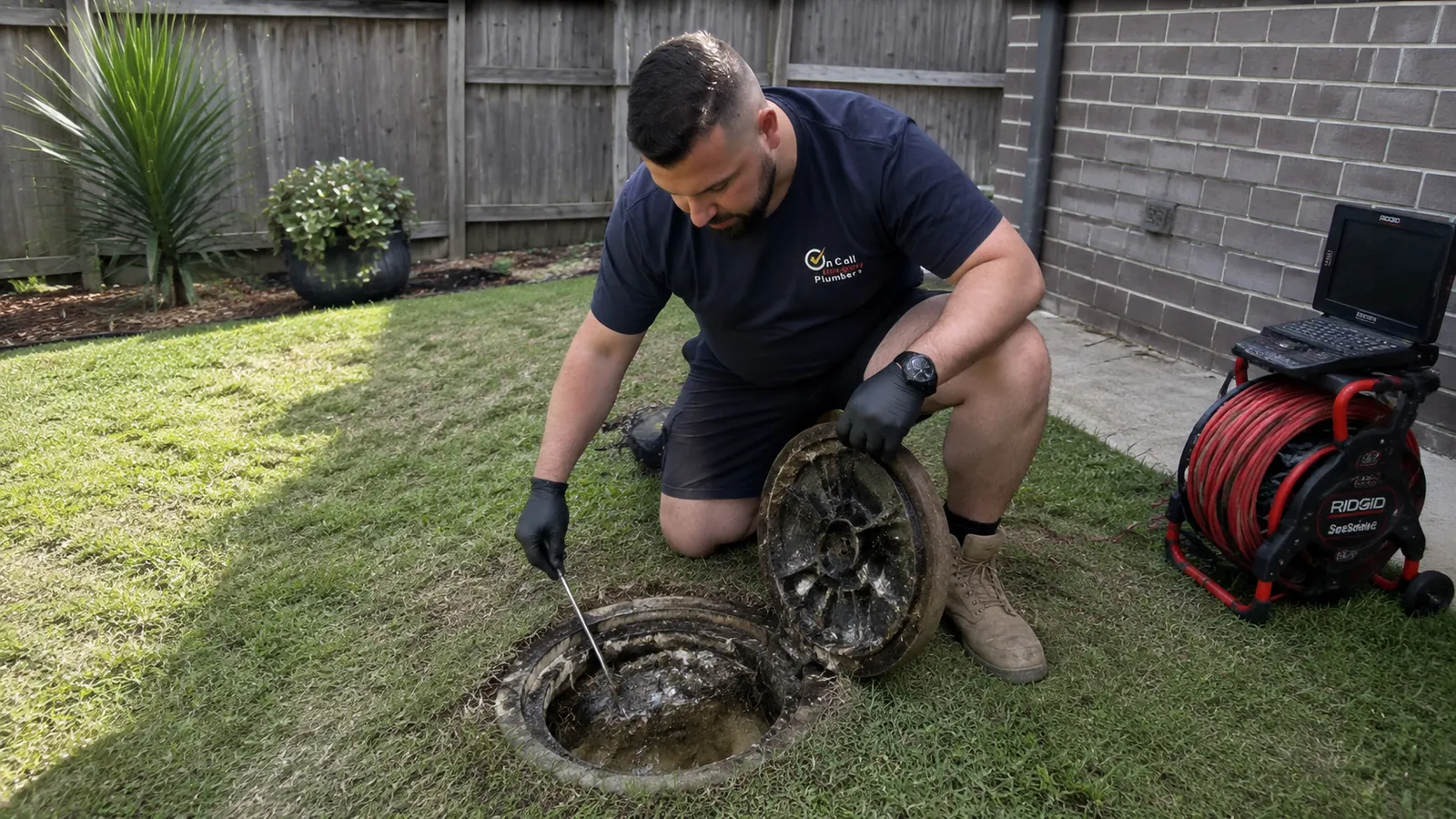 Plumber inspecting an outdoor sewer access point