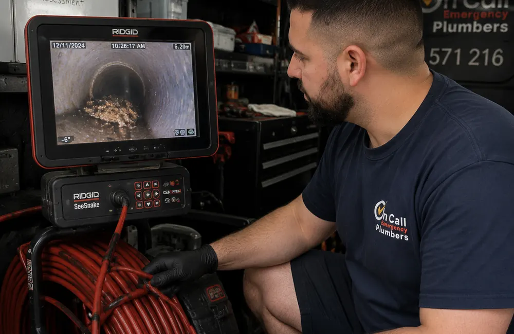 CCTV drain camera monitoring a pipe inspection
