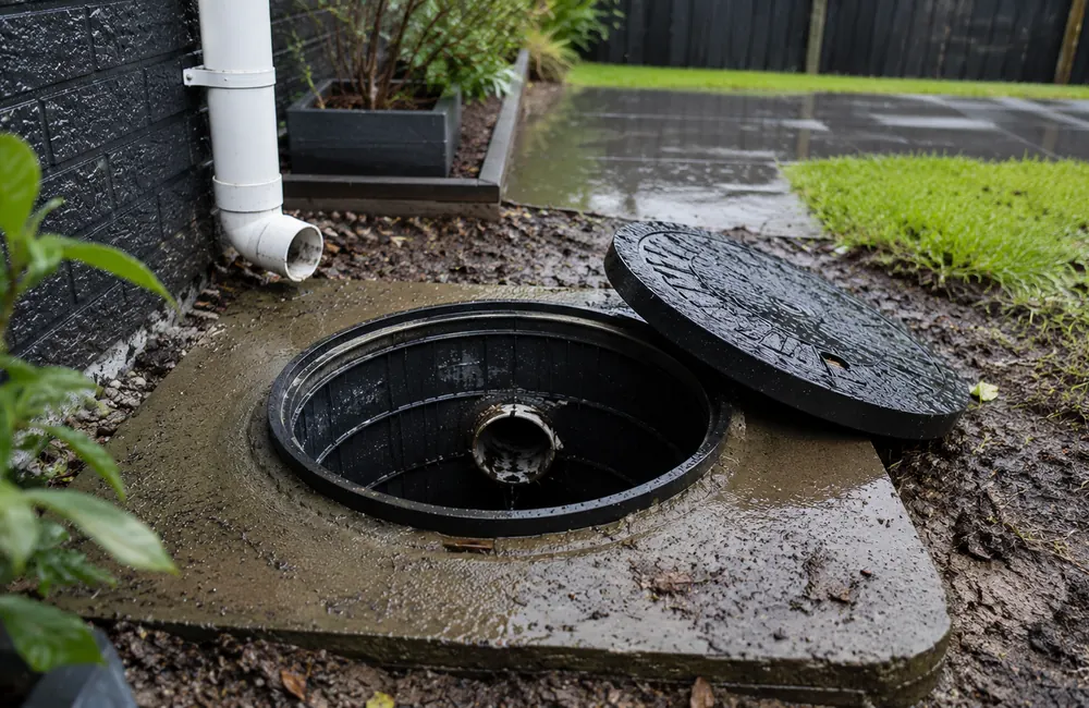 Accessible sewer drain chamber prepared for investigation