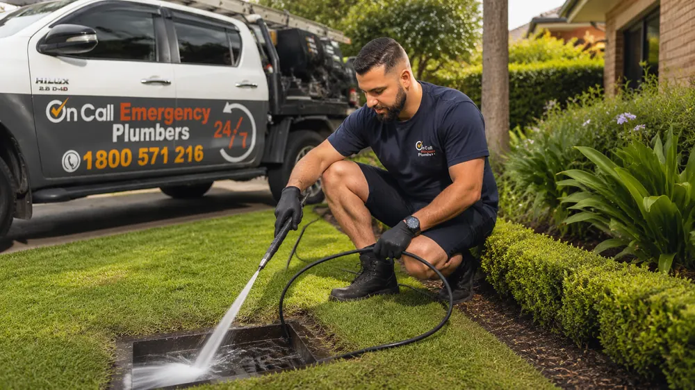 Plumber clearing a garden drain with drainage equipment