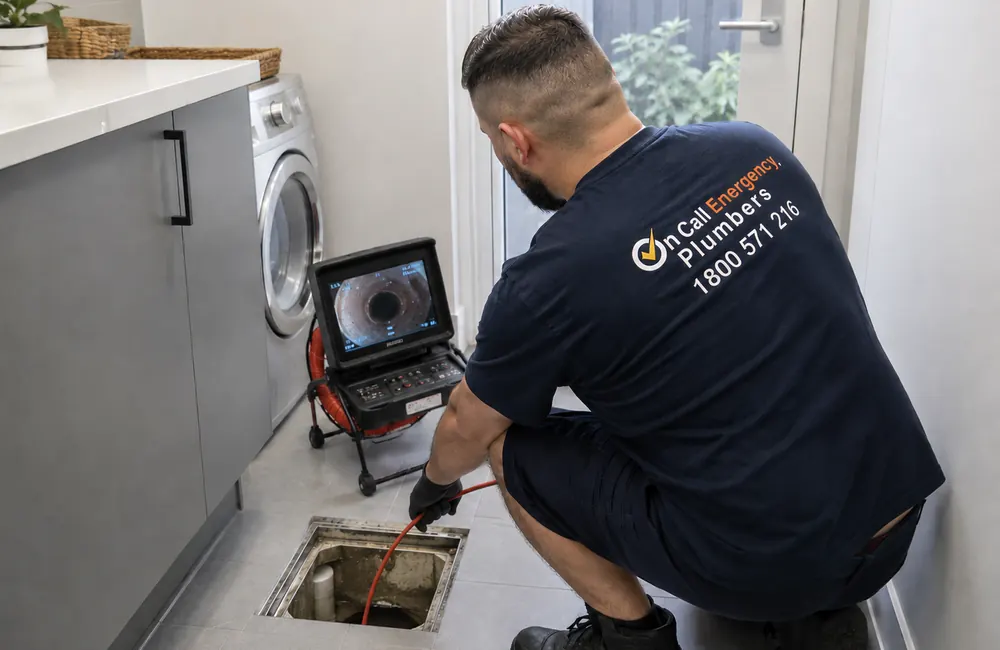 Technician inserting a camera into an indoor floor drain