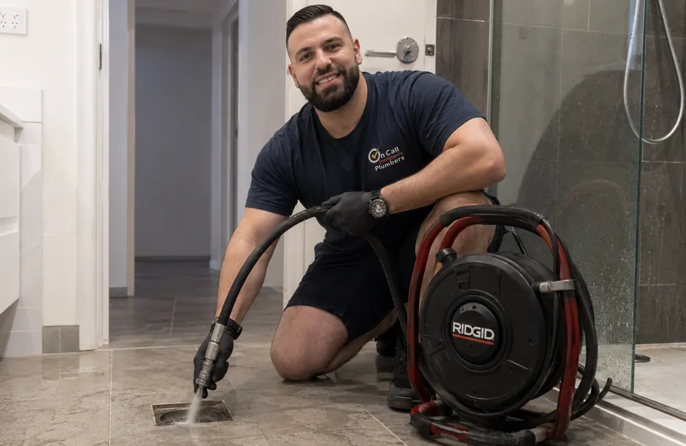 Indoor drain being cleared with professional equipment