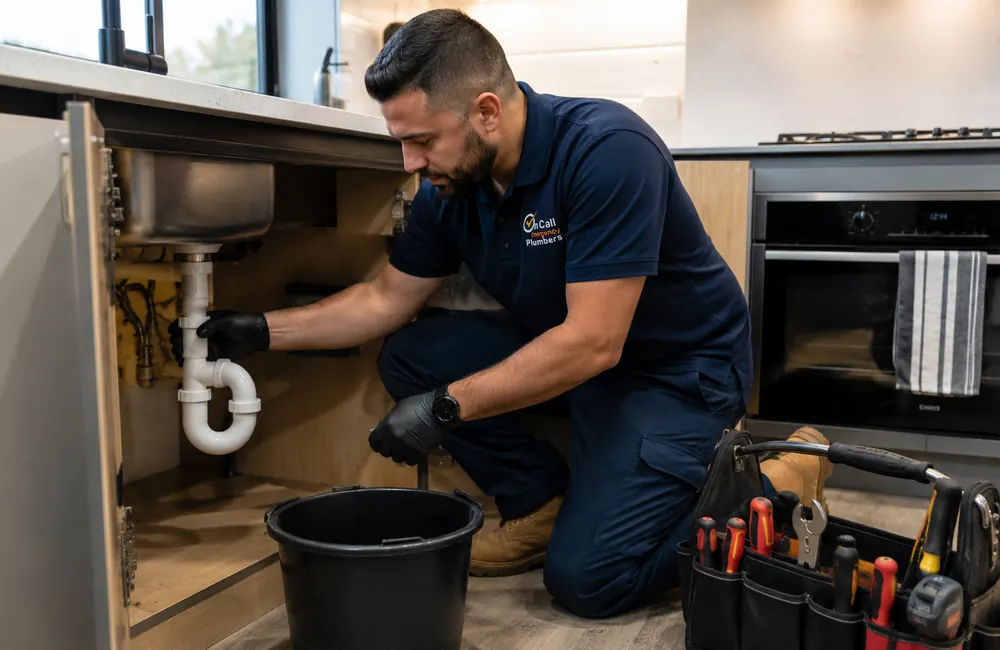 Plumber working on a blocked kitchen drain