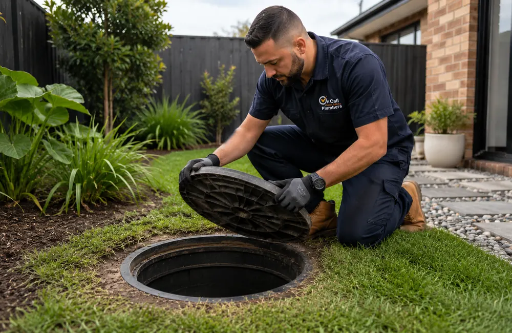 Technician inspecting an outdoor sewer access point