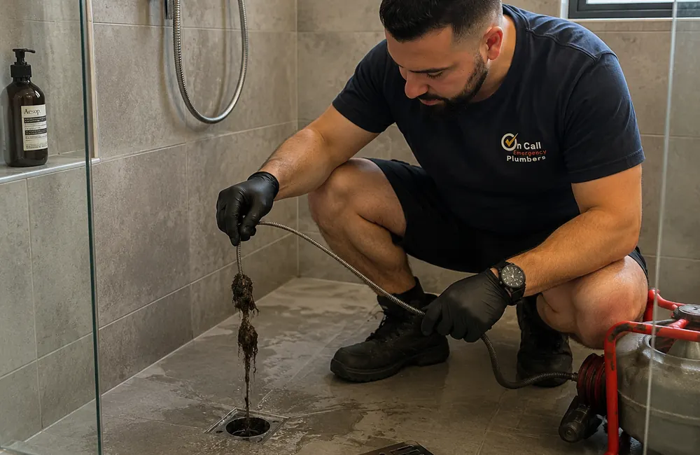 Technician clearing a blocked shower drain