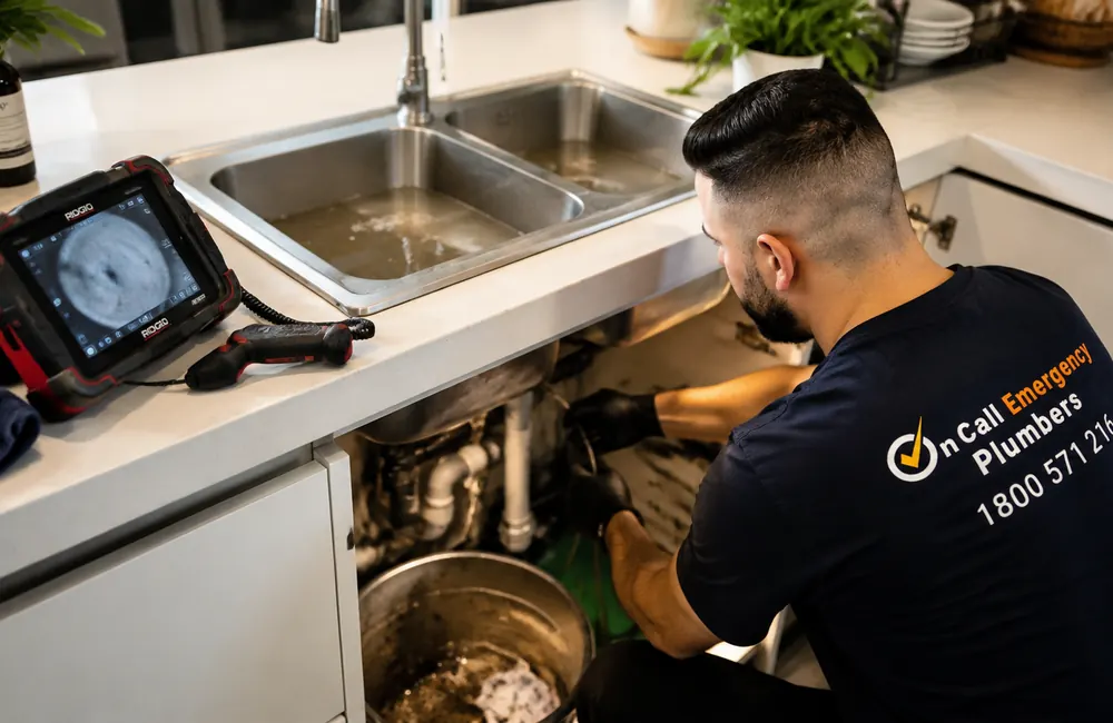 Plumber clearing a kitchen sink blockage